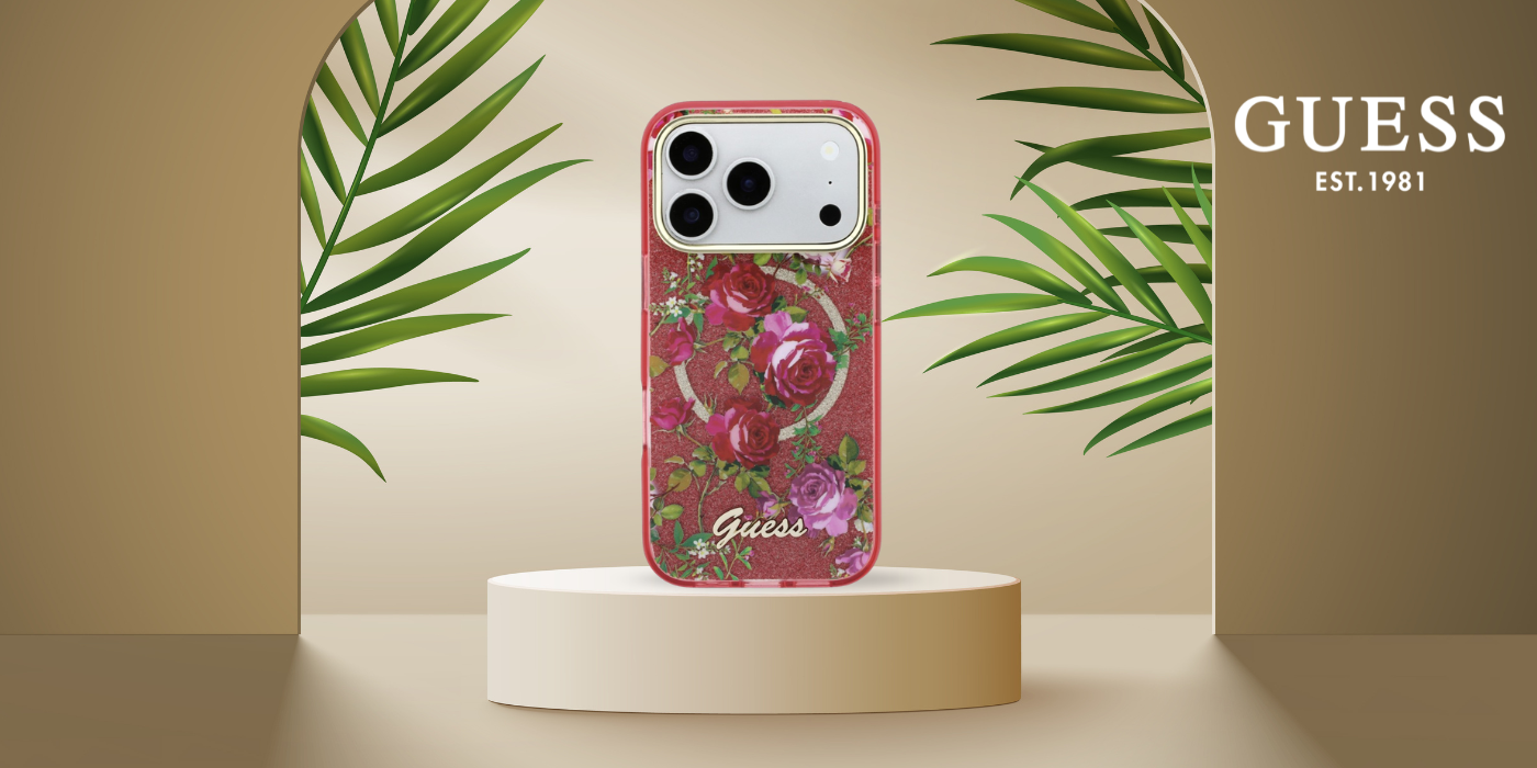 Dėklas Guess IML Glitter Blossom Roses case for iPhone 17 Pro Max / 18 Pro Max - burgundy aprašymas - Prekės nuotrauka