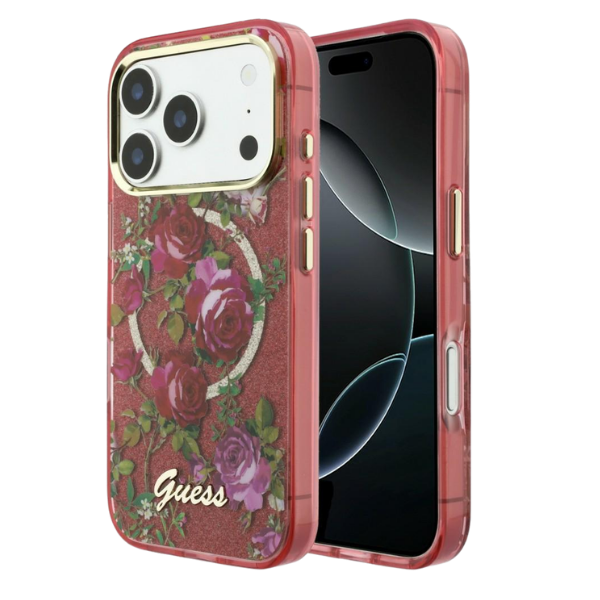 Dėklas Guess IML Glitter Blossom Roses case for iPhone 17 Pro Max / 18 Pro Max - burgundy aprašymas - Prekės nuotrauka