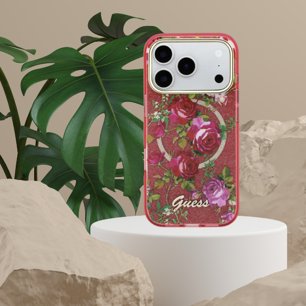 Dėklas Guess IML Glitter Blossom Roses case for iPhone 17 Pro Max / 18 Pro Max - burgundy aprašymas - Prekės nuotrauka