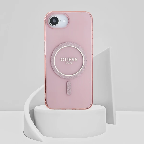 Guess IML Glitter Circle MagSafe dėklas iPhone 16e - rožinis aprašymas - Prekės nuotrauka