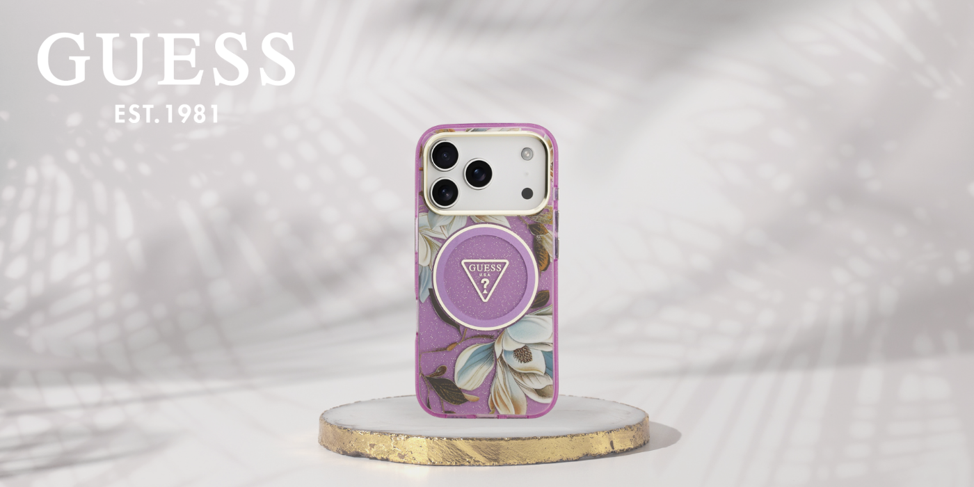 Dėklas Guess IML Glitter Flowers Triangle MagSafe Case for iPhone 17 Pro / 18 Pro - Violetinė aprašymas - Prekės nuotrauka