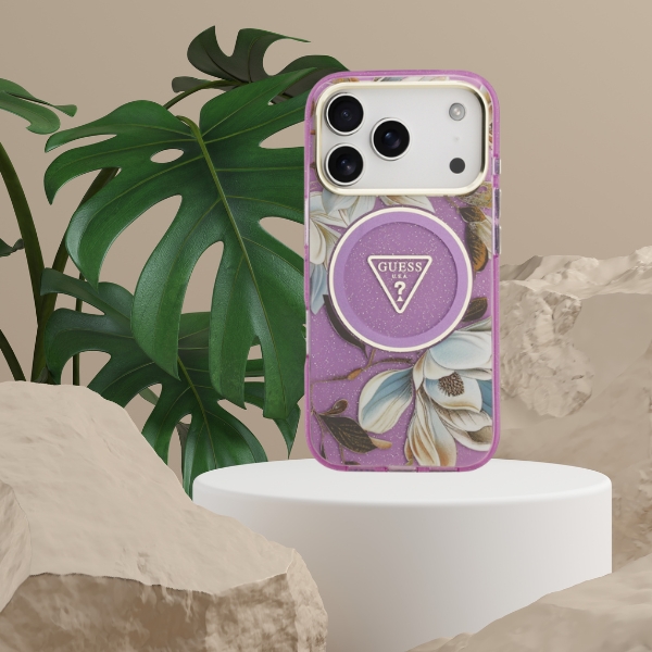 Dėklas Guess IML Glitter Flowers Triangle MagSafe Case for iPhone 17 Pro / 18 Pro - Violetinė aprašymas - Prekės nuotrauka