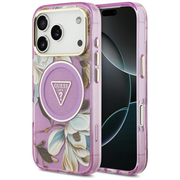 Dėklas Guess IML Glitter Flowers Triangle MagSafe Case for iPhone 17 Pro / 18 Pro - Violetinė aprašymas - Prekės nuotrauka