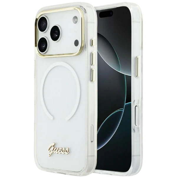 Dėklas Guess IML Gradient Script Metal MagSafe Case for iPhone 17 Pro - Baltas aprašymas - Prekės nuotrauka