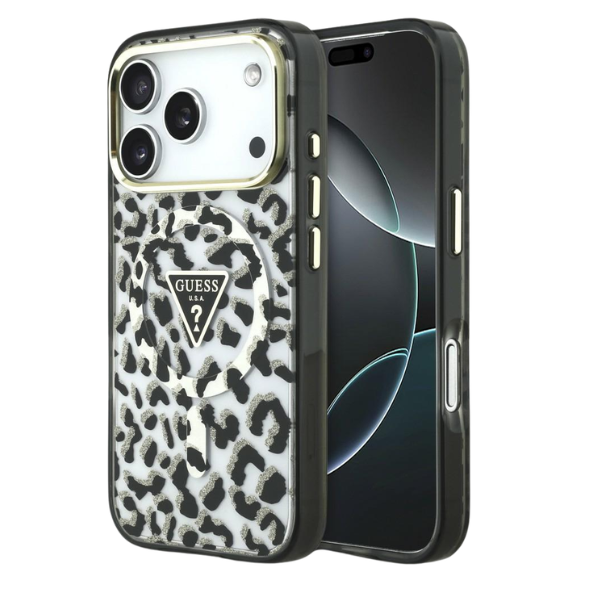 Dėklas Guess IML Leopard Glitter Triangle Logo MagSafe Case, skirta iPhone 17 Pro / 18 Pro – juoda aprašymas - Prekės nuotrauka