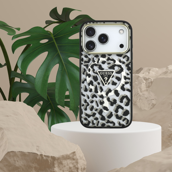 Dėklas Guess IML Leopard Glitter Triangle Logo MagSafe Case for iPhone 17 Pro Max / 18 Pro Max - Juoda aprašymas - Prekės nuotrauka