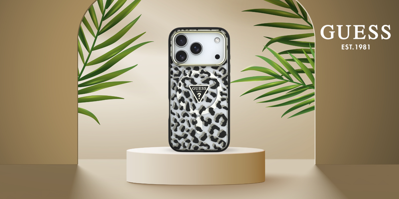 Dėklas Guess IML Leopard Glitter Triangle Logo MagSafe Case for iPhone 17 Pro Max / 18 Pro Max - Juoda aprašymas - Prekės nuotrauka