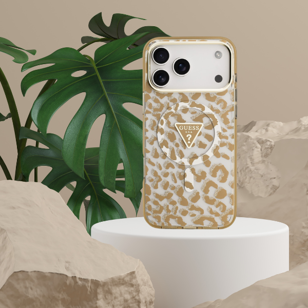 Dėklas Guess IML Leopard Glitter Triangle Logo MagSafe Case for iPhone 17 Pro / 18 Pro - Brown aprašymas - Prekės nuotrauka