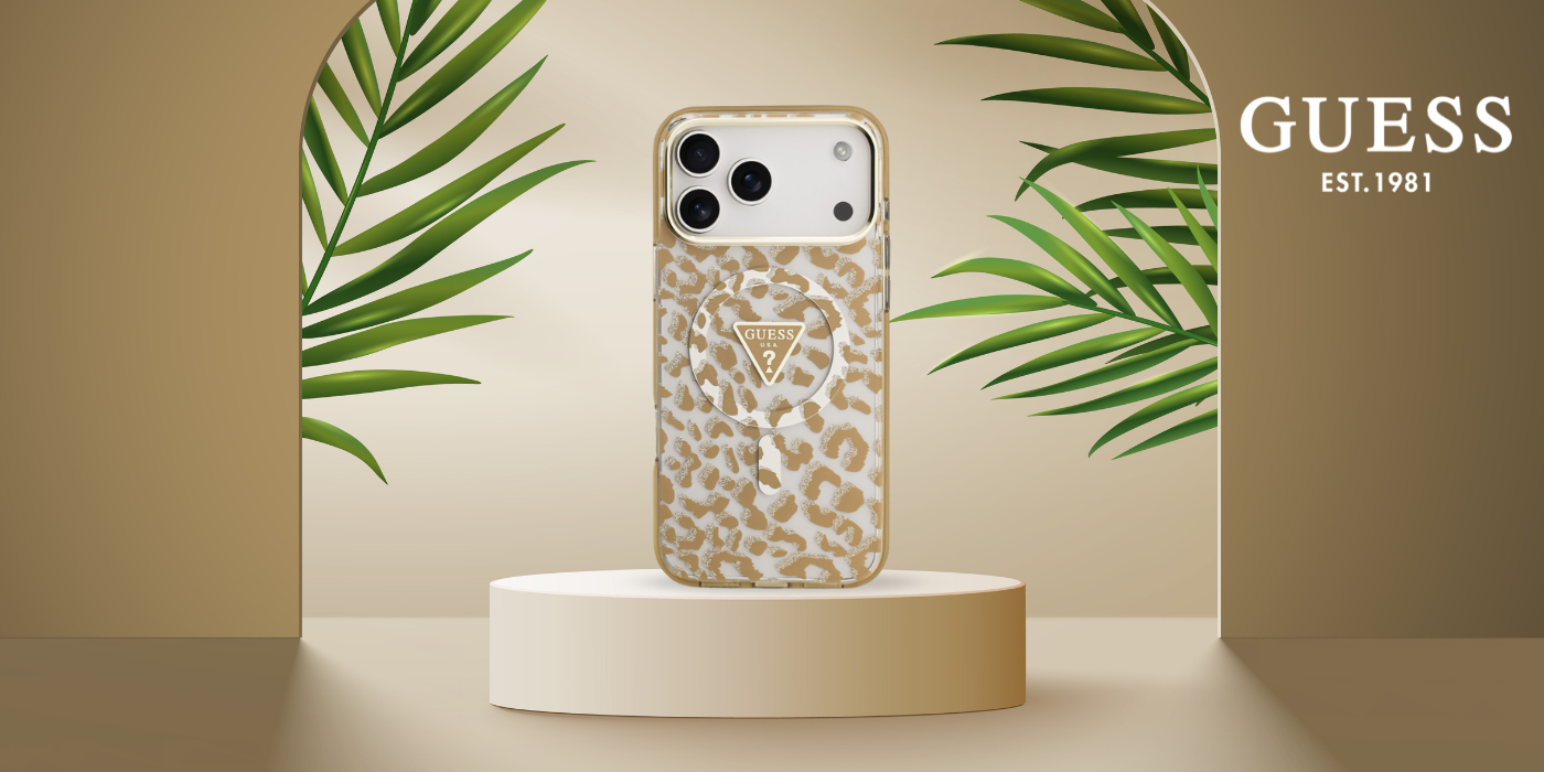 Dėklas Guess IML Leopard Glitter Triangle Logo MagSafe Case for iPhone 17 Pro / 18 Pro - Brown aprašymas - Prekės nuotrauka