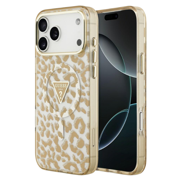 Dėklas Guess IML Leopard Glitter Triangle Logo MagSafe Case for iPhone 17 Pro / 18 Pro - Brown aprašymas - Prekės nuotrauka