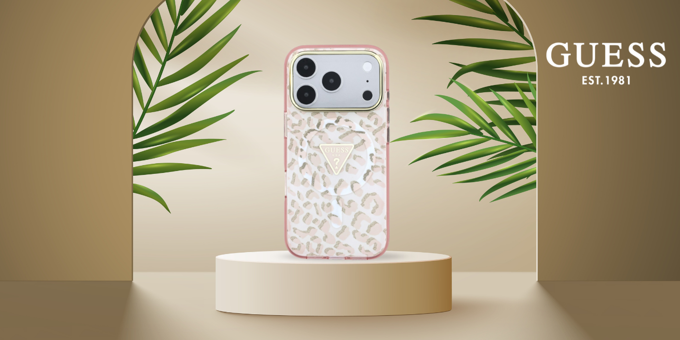 Dėklas Guess IML Leopard Glitter Triangle Logo MagSafe Case for iPhone 17 Pro Max / 18 Pro Max - Rožinė aprašymas - Prekės nuotrauka