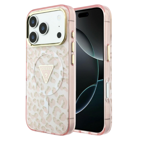 Dėklas Guess IML Leopard Glitter Triangle Logo MagSafe Case for iPhone 17 Pro Max / 18 Pro Max - Rožinė aprašymas - Prekės nuotrauka