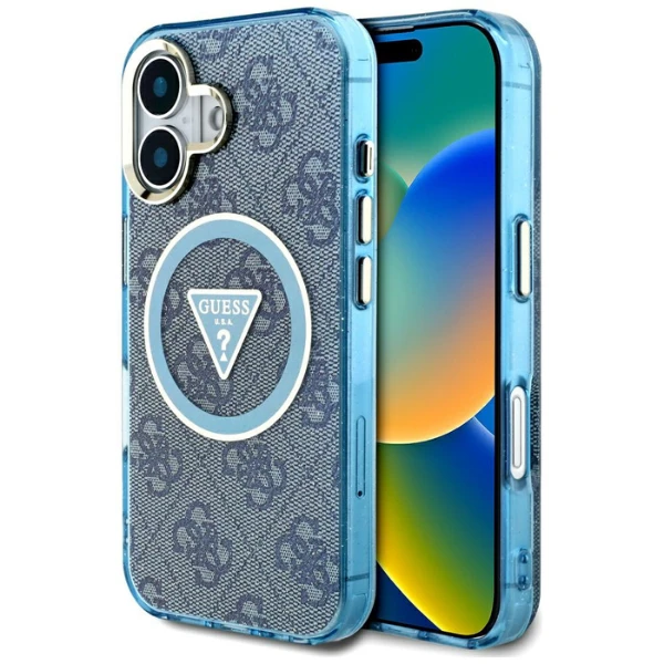 Guess IML Metal Glitter 4G Circle Triangle MagSafe dėklas, skirtas iPhone 16 - Mėlyna aprašymas - Prekės nuotrauka Guess IML Metal Glitter 4G Circle Triangle MagSafe dėklas, skirtas iPhone 16 - Mėlyna aprašymas - Prekės nuotrauka