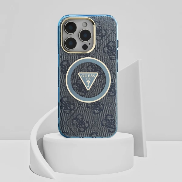 Guess IML Metal Glitter 4G Circle Triangle MagSafe dėklas, skirtas iPhone 16 Pro - Mėlyna aprašymas - Prekės nuotrauka