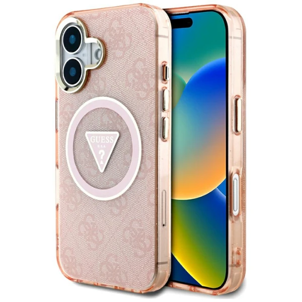 Guess IML Metal Glitter 4G Circle Triangle MagSafe dėklas iPhone 16 - rožinis aprašymas - Prekės nuotrauka