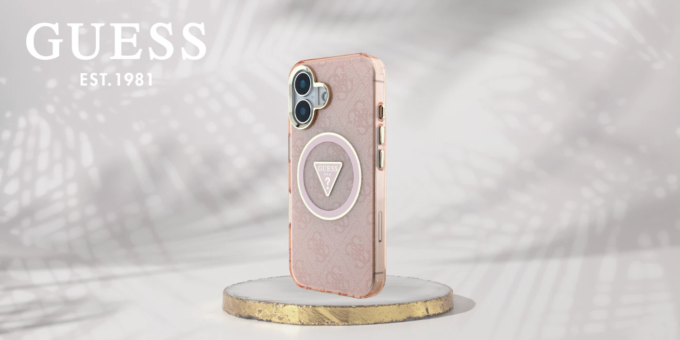 Guess IML Metal Glitter 4G Circle Triangle MagSafe dėklas iPhone 16 - rožinis aprašymas - Prekės nuotrauka
