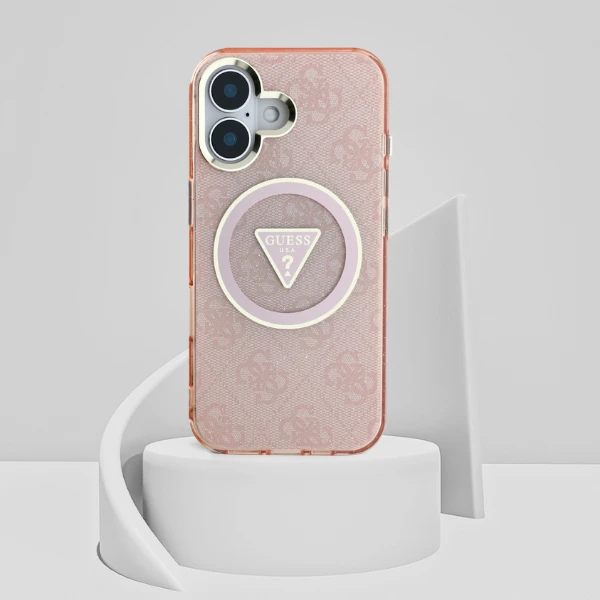 Guess IML Metal Glitter 4G Circle Triangle MagSafe dėklas iPhone 16 - rožinis aprašymas - Prekės nuotrauka