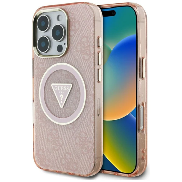 Guess IML Metal Glitter 4G Circle Triangle MagSafe dėklas, skirtas iPhone 16 Pro - Rožinė aprašymas - Prekės nuotrauka