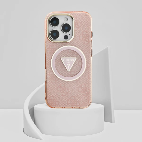 Guess IML Metal Glitter 4G Circle Triangle MagSafe dėklas, skirtas iPhone 16 Pro - Rožinė aprašymas - Prekės nuotrauka