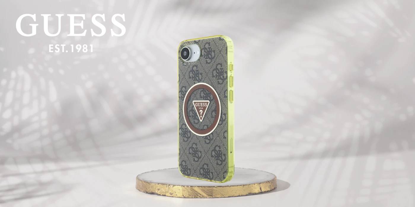 „Guess IML Metal Glitter 4G Circle Triangle MagSafe“ dėklas, skirtas iPhone 16e - ruda aprašymas - Prekės nuotrauka