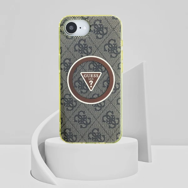 „Guess IML Metal Glitter 4G Circle Triangle MagSafe“ dėklas, skirtas iPhone 16e - ruda aprašymas - Prekės nuotrauka
