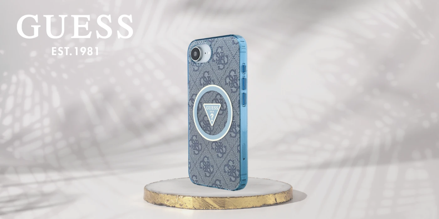 Guess IML Metal Glitter 4G Circle Triangle MagSafe dėklas, skirtas iPhone 16e - Mėlyna aprašymas - Prekės nuotrauka