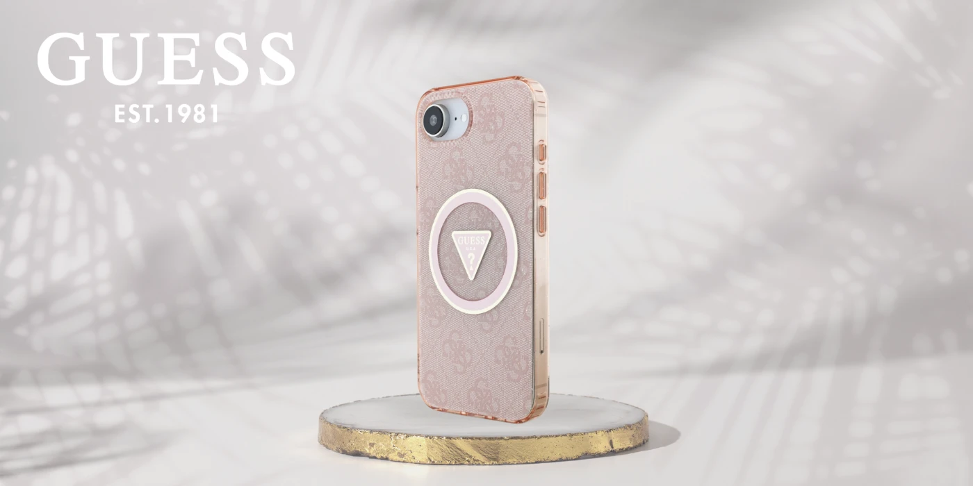 Guess IML Metal Glitter 4G Circle Triangle MagSafe dėklas iPhone 16e - rožinis aprašymas - Prekės nuotrauka