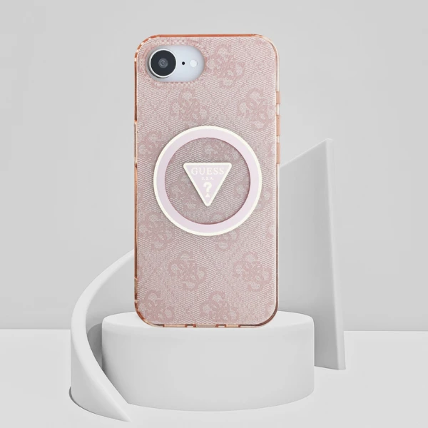 Guess IML Metal Glitter 4G Circle Triangle MagSafe dėklas iPhone 16e - rožinis aprašymas - Prekės nuotrauka