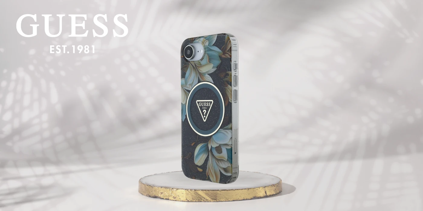Guess IML Metal Glitter Flowers Triangle MagSafe dėklas iPhone 16e - juodas aprašymas - Prekės nuotrauka