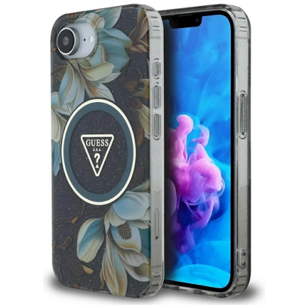 Guess IML Metal Glitter Flowers Triangle MagSafe dėklas iPhone 16e - juodas aprašymas - Prekės nuotrauka