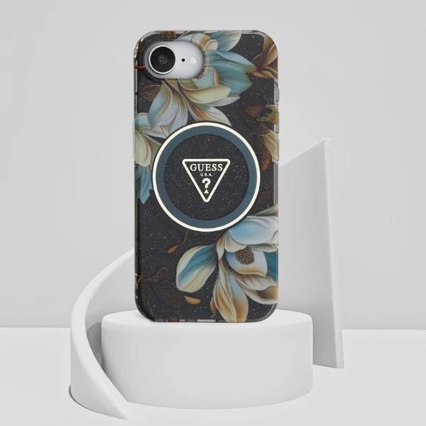Guess IML Metal Glitter Flowers Triangle MagSafe dėklas iPhone 16e - juodas aprašymas - Prekės nuotrauka