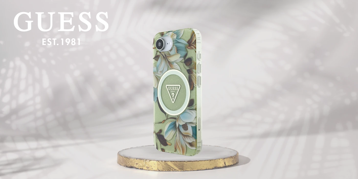 Guess IML Metal Glitter Flowers Triangle MagSafe iPhone 16e Dėklas - Žalias aprašymas - Prekės nuotrauka