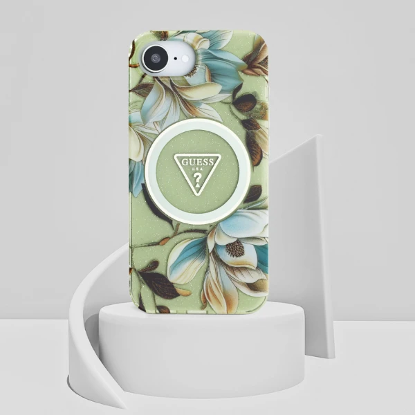 Guess IML Metal Glitter Flowers Triangle MagSafe iPhone 16e Dėklas - Žalias aprašymas - Prekės nuotrauka