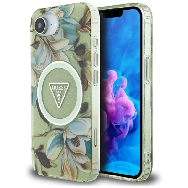 Guess IML Metal Glitter Flowers Triangle MagSafe iPhone 16e Dėklas - Žalias aprašymas - Prekės nuotrauka