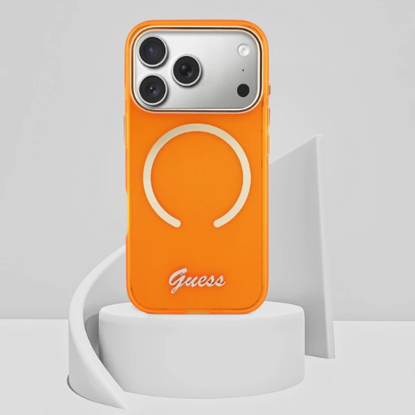 Dėklas Guess IML Script Metal MagSafe Case for iPhone 17 Pro Max - Oranžinis aprašymas - Prekės nuotrauka