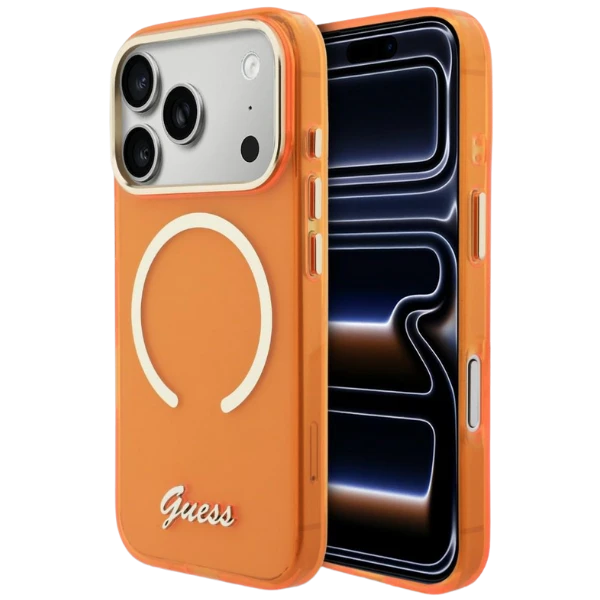 Dėklas Guess IML Script Metal MagSafe Case for iPhone 17 Pro Max - Oranžinis aprašymas - Prekės nuotrauka