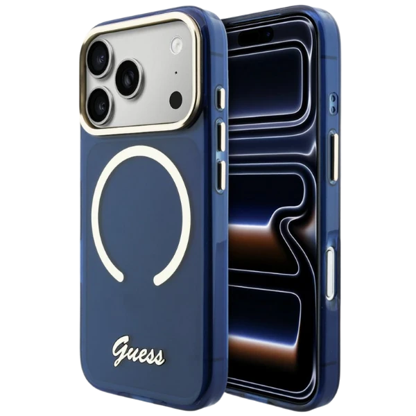 Dėklas Guess IML Script Metal MagSafe Case for iPhone 17 Pro - Mėlyna aprašymas - Prekės nuotrauka