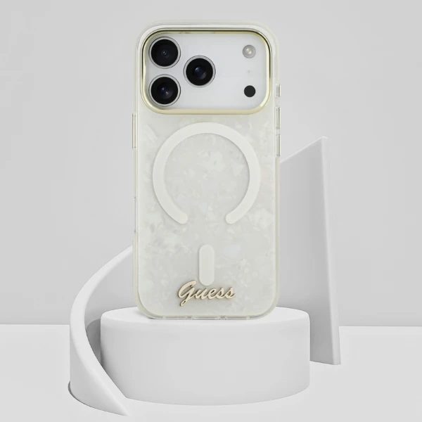 Dėklas Guess IML Shell Script Metal MagSafe Case for iPhone 17 Pro Max - Baltas aprašymas - Prekės nuotrauka