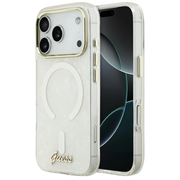 Dėklas Guess IML Shell Script Metal MagSafe Case for iPhone 17 Pro Max - Baltas aprašymas - Prekės nuotrauka
