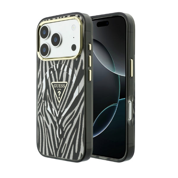 Guess IML Zebra Glitter Triangle Logo dėklas, skirtas „MagSafe“ iPhone 18 Pro / 17 Pro – sidabrinis aprašymas - Prekės nuotrauka