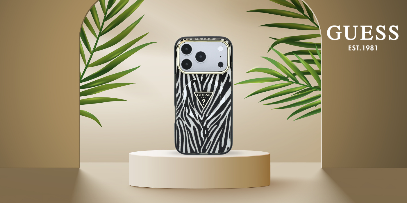 Guess IML Zebra Glitter Triangle Logo dėklas, skirtas „MagSafe“ iPhone 18 Pro / 17 Pro – sidabrinis aprašymas - Prekės nuotrauka