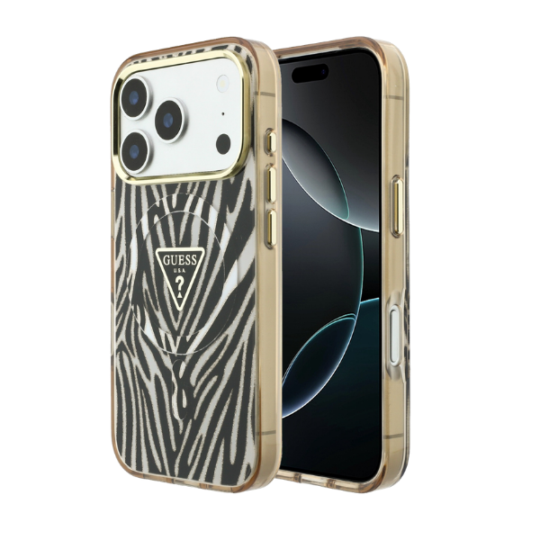 Guess IML Zebra Glitter Triangle Logo MagSafe dėklas, skirtas iPhone 17 Pro Max / 18 Pro Max - Auksinė aprašymas - Prekės nuotrauka