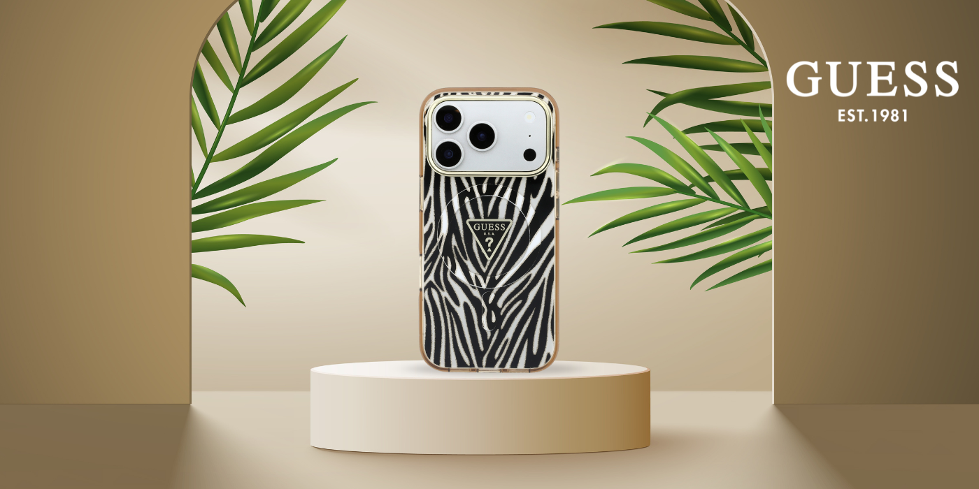 Guess IML Zebra Glitter Triangle Logo MagSafe dėklas, skirtas iPhone 17 Pro Max / 18 Pro Max - Auksinė aprašymas - Prekės nuotrauka