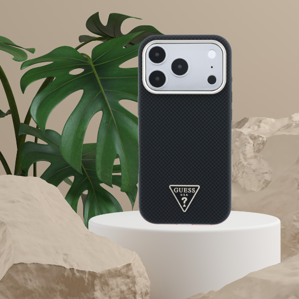 Dėklas Guess Kevlar Triangle Logo MagSafe Case, skirtas iPhone 17 Pro / 18 Pro - Juodas aprašymas - Prekės nuotrauka