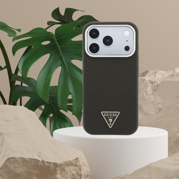 Guess Kevlar Triangle Logo MagSafe dėklas, skirtas iPhone 17 Pro / 18 Pro – ruda aprašymas - Prekės nuotrauka