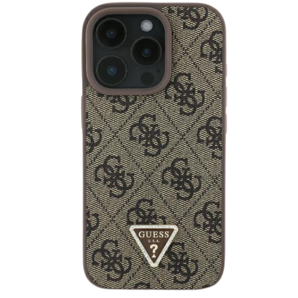 iPhone 16 Guess odinis metalinis logotipas su kristalais „Crossbody“ + dirželis (GUHCP16SP4TDSCPW) telefono dėklas, rudos spalvos aprašymas - Prekės nuotrauka