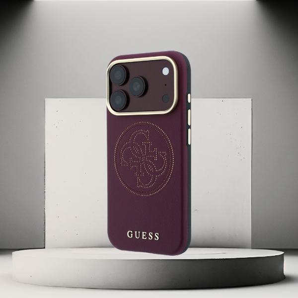 Dėklas Guess Perforated 4G Gold Logo Magsafe Case for iPhone 18 Pro / 17 Pro - Burgundy aprašymas - Prekės nuotrauka
