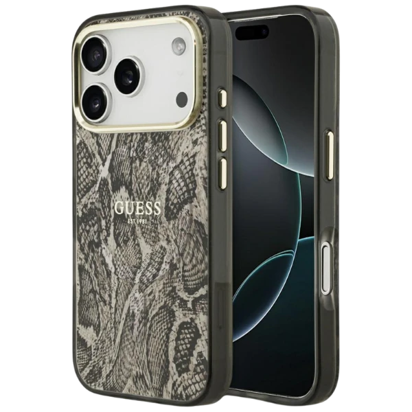 Guess Python Pattern MagSafe dėklas skirtas Apple iPhone 17 Pro Max rudos spalvos aprašymas - Prekės nuotrauka