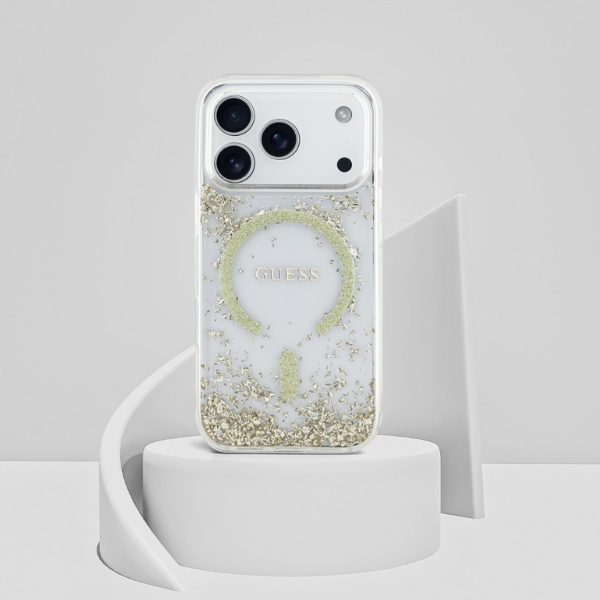 Dėklas Guess Resin Bottom Glitter MagSafe Case for iPhone 18 Pro Max / 17 Pro Max - Gold aprašymas - Prekės nuotrauka