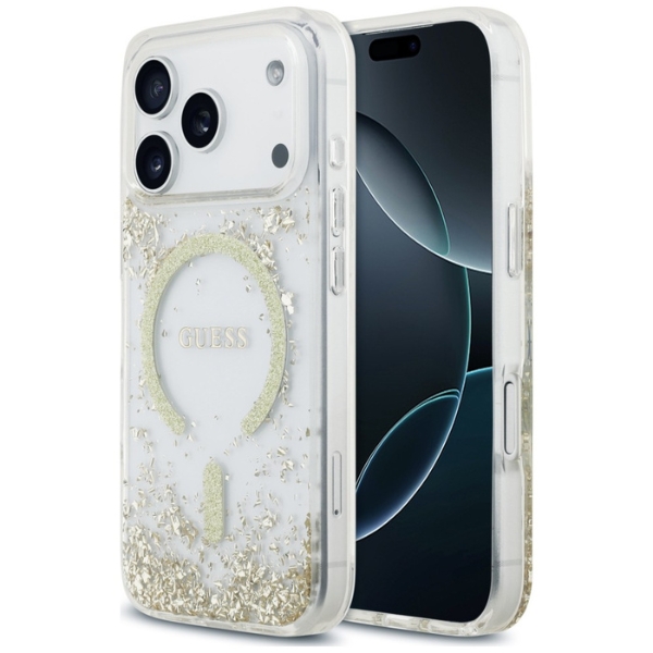 Dėklas Guess Resin Bottom Glitter MagSafe Case for iPhone 18 Pro Max / 17 Pro Max - Gold aprašymas - Prekės nuotrauka